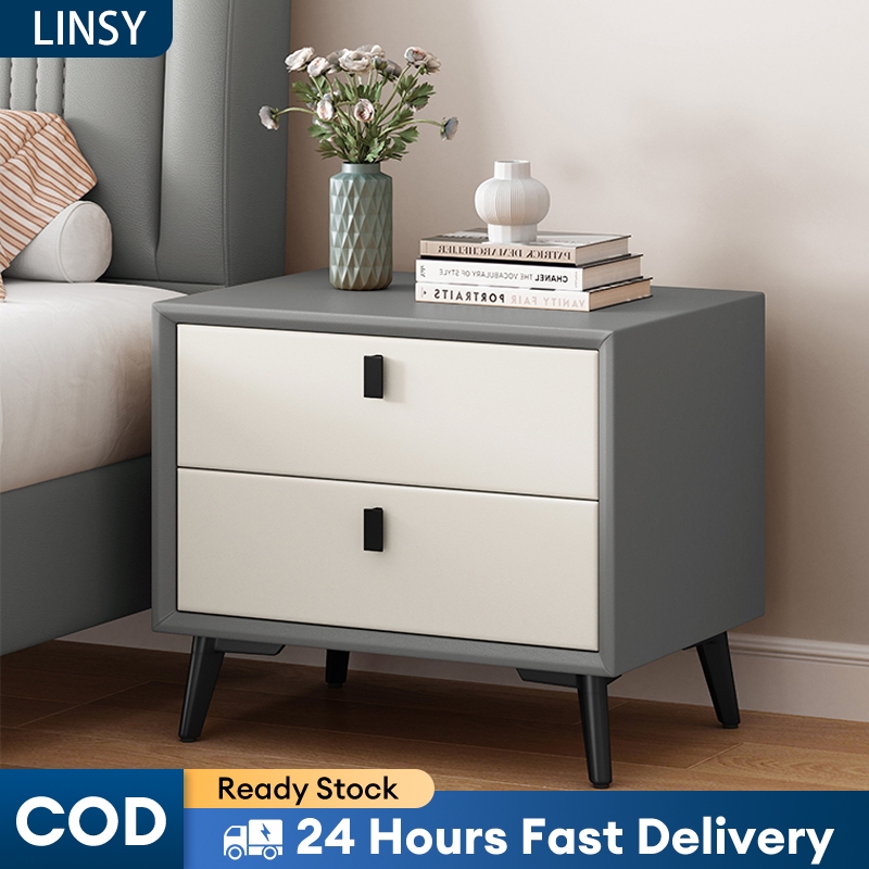 LINSY Luxury Leather Bedside Cabinet Nordic Solid Wood Meja Sisi Katil ...