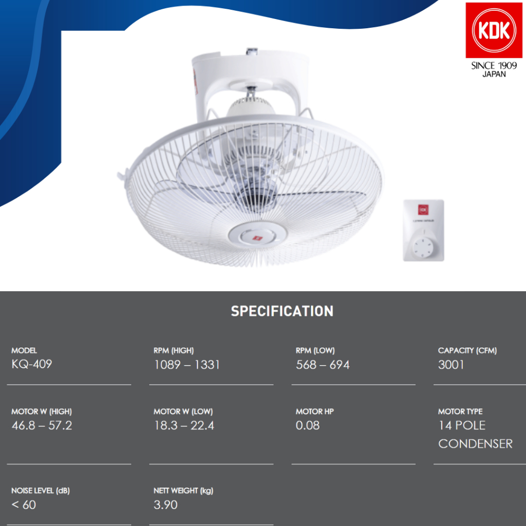 KDK Auto Fan Kq409 - Regulator, 360° Oscillation, White (16″ - Fan ...