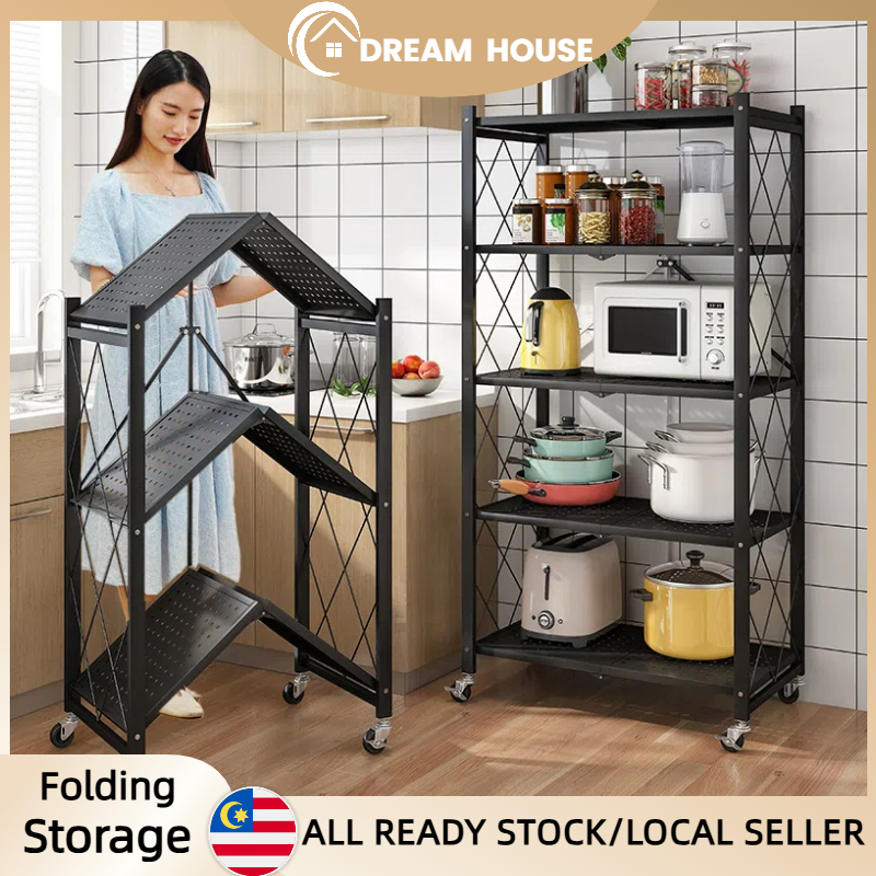 3-5Layers Foldable Movable Trolley Kitchen Rack Shelf with Roller ...