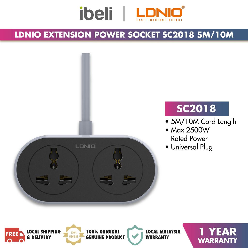 LDNIO 2 AC OUTLET UNIVERSAL EXTENSION POWER SOCKET SC2018 5M/10M ...