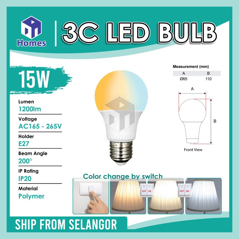 3 modes color LED bulb Big LED Bulb A65 15w 3C Colour Bulb, CCT ...