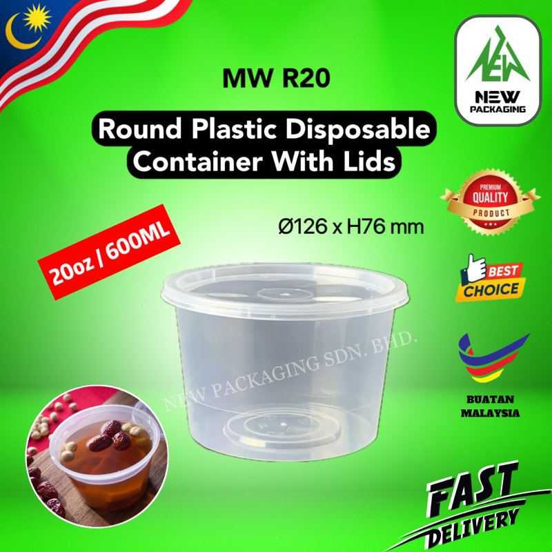 MW-R20 Round Plastic Microwave Food Container with Lids 600ML [10/50 ...