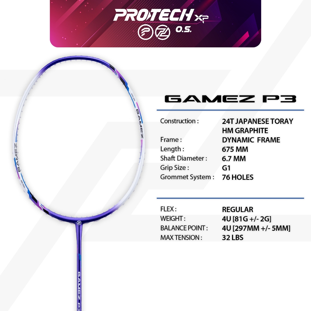 PROTECH Badminton Racket - GAMEZ P3 | 4UG1 | MAX 32lbs (FREE String ...