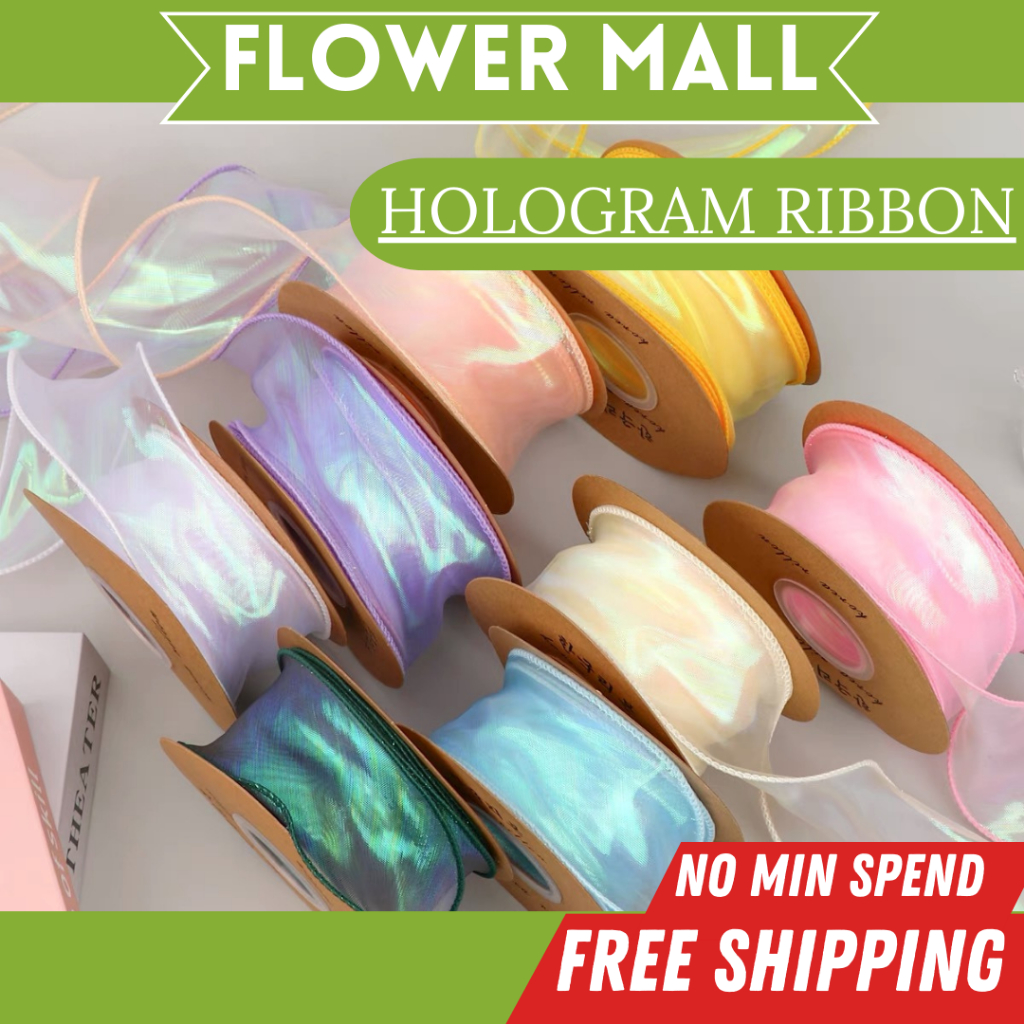 (9M) 4CM HOLOGRAM Ribbon Reben Riben Gift Satin Flower Bouquet Happy ...