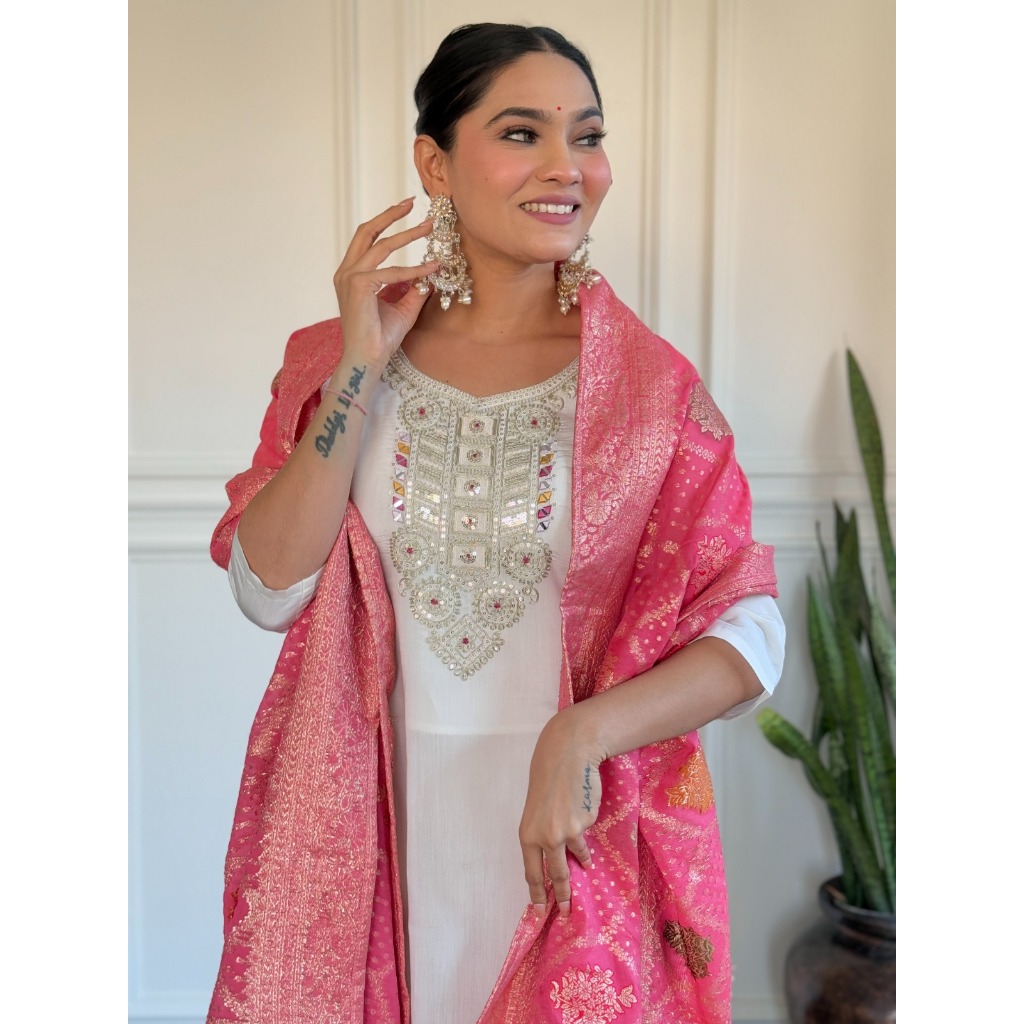 Women Mustard Viscose Chanderi Designer Embroidery Work Kurta Set With Dupatta