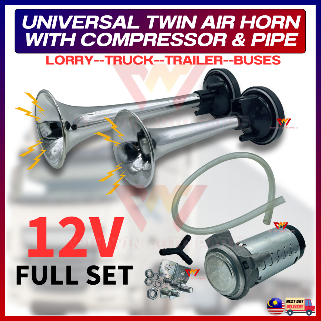 12V HORN UDARA Twin Strong Air Horn Dual Trumpet & Compressor Pipe SET ...