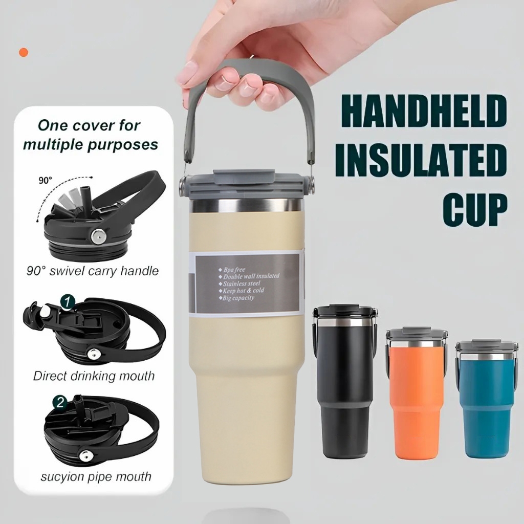 Thermos Bottle 900ML 304 Stainless Steel Tumbler Cup Handle and Straw ...