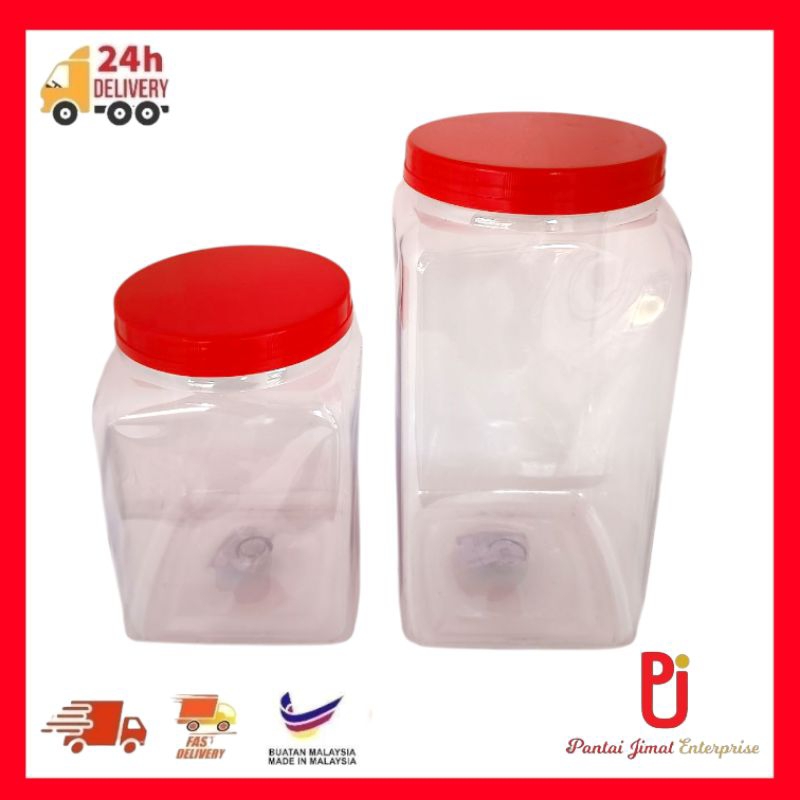 Square Container With Red Colour Lid/Plastic bottle container/Bekas ...