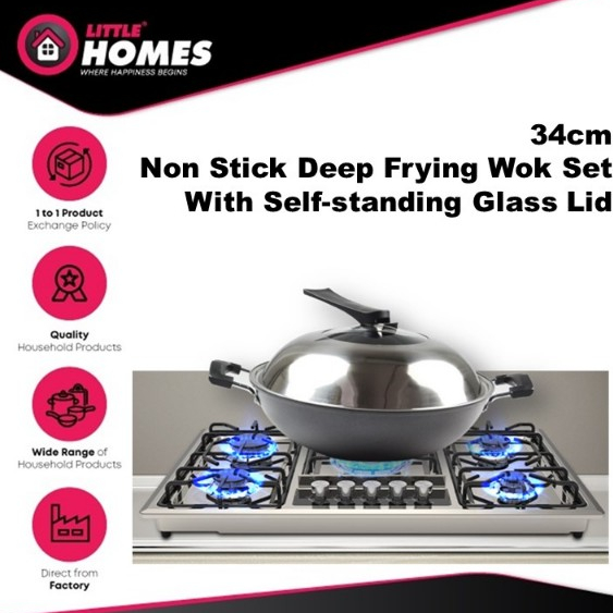 34cm Non Stick Deep Frying Wok Set With Self-standing Glass Lid / Kuali ...