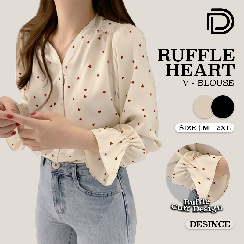🇲🇾 DESINCE Women Ruffle Heart V-Blouse Baju Ruffle Corak Hati Leher V ...