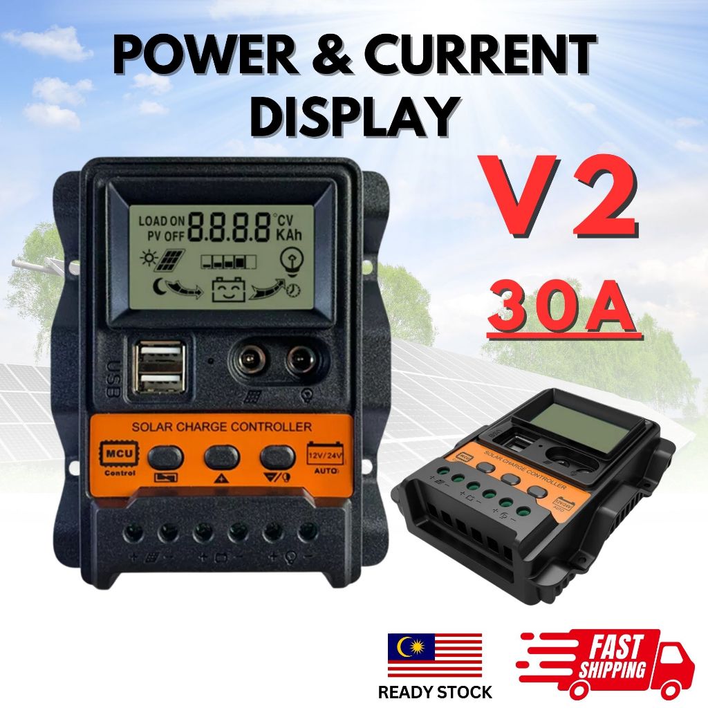 V2 10A 20A 30A 12V 24V Dual USB LCD Display PWM Solar Panel Controller ...