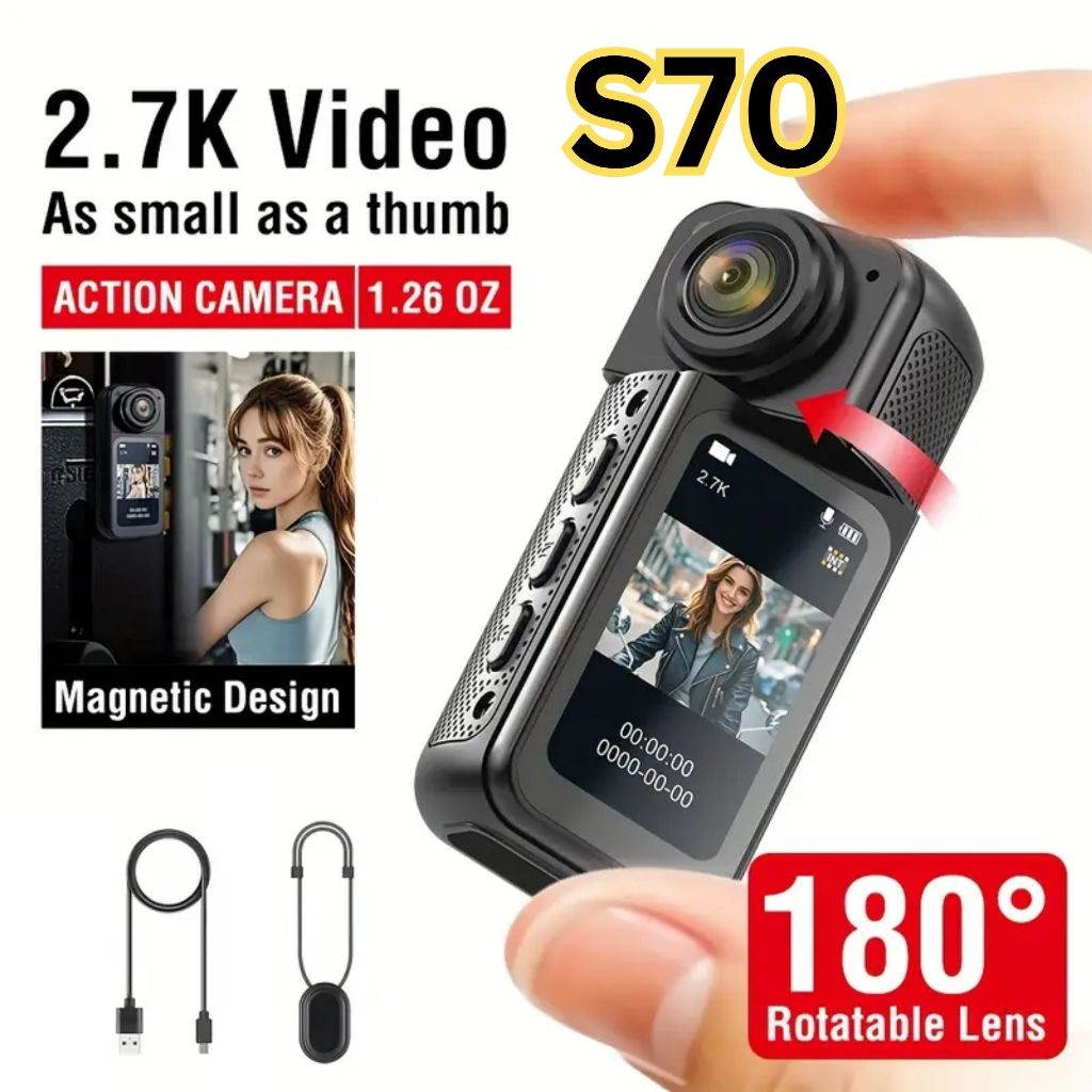S70 2.7K Mini Pocket Action Camera Wifi 180° Rotatable Lens Portable ...