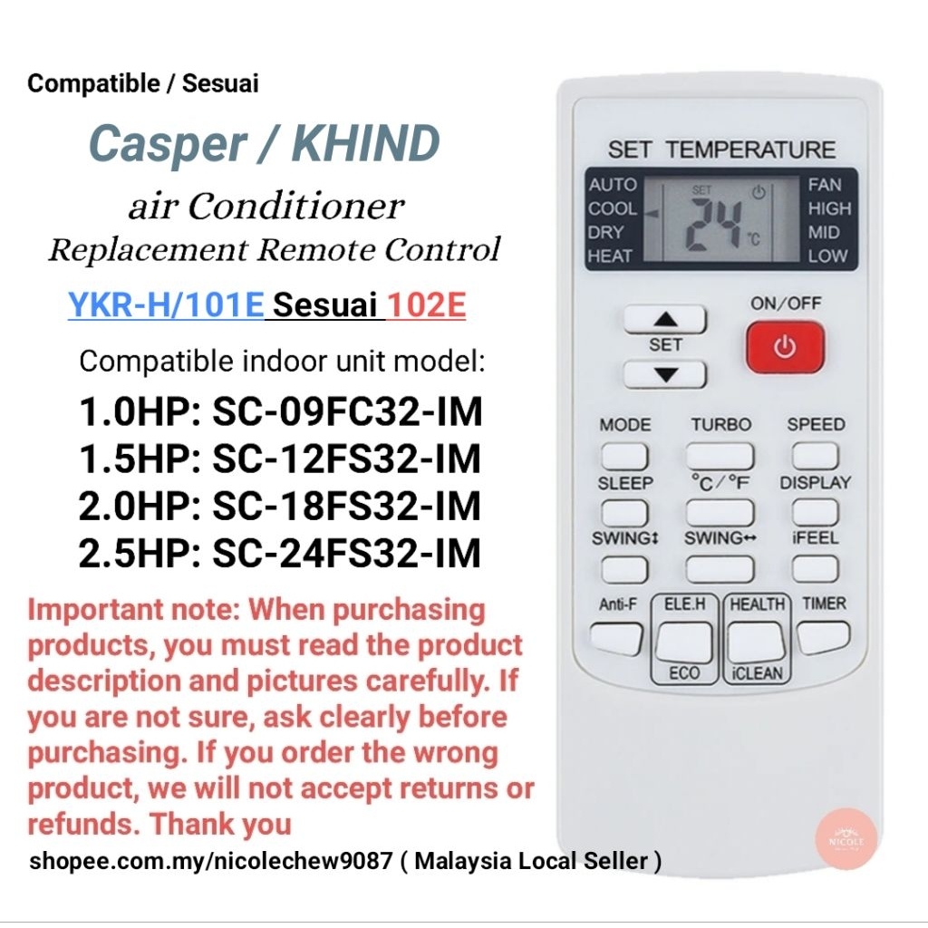Casper / KHIND YKR-H/101E air conditioner Replacement Remote Control ...