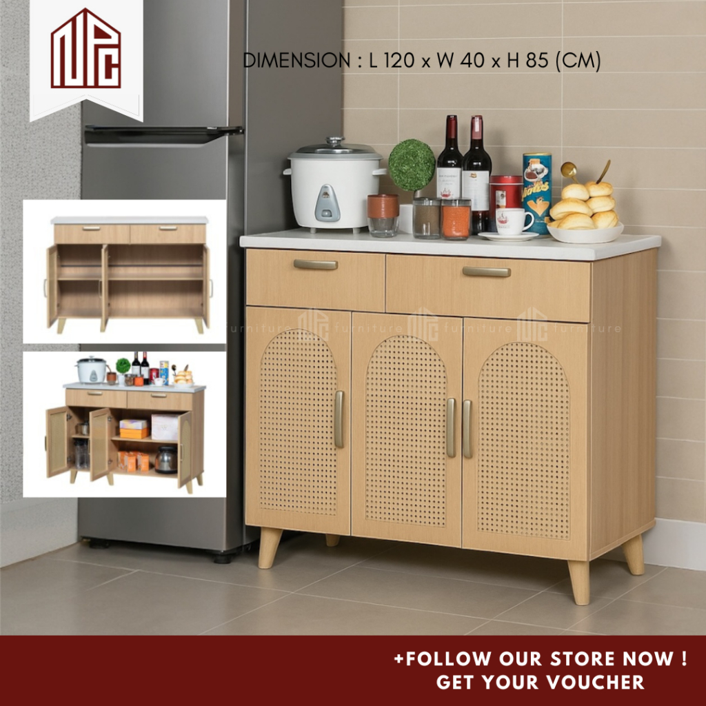 NPC* 4ft Kitchen Cabinet Low Base 3 Doors Rattan Muji Aesthetic Storage ...