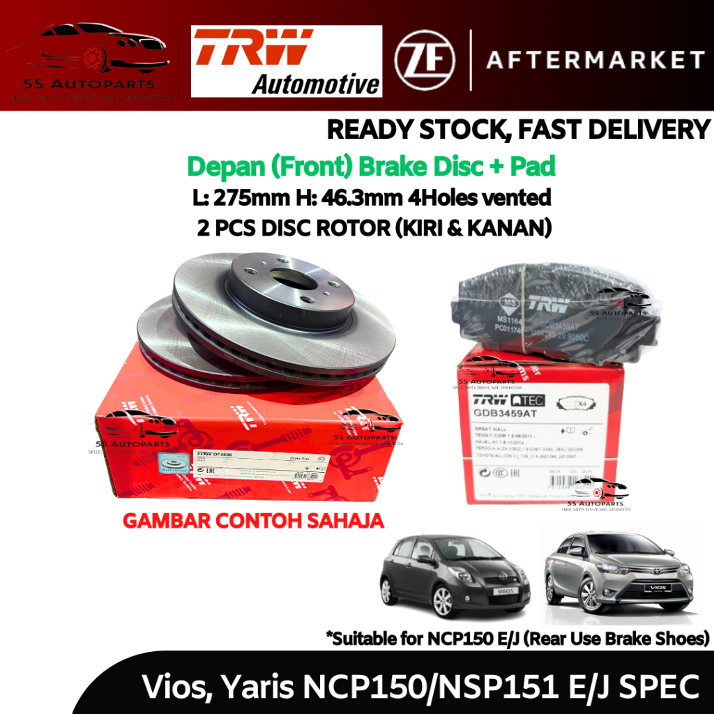 TRW Toyota Yaris, Vios NCP150/NSP151 E/J Spec Front (Depan) Disc Rotor ...