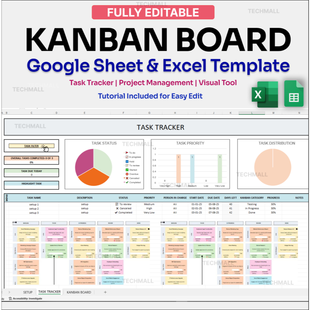 Kanban Board Template | Excel & Google Sheet | Project Management Task ...