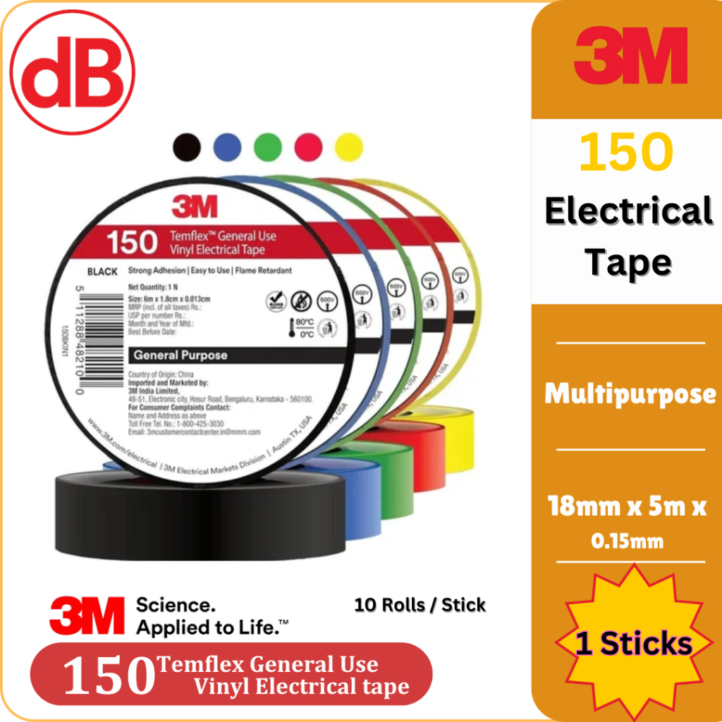 (Ready Stock) 3M 150 Temflex Vinyl Electrical Tape, Size: 18mm x 5m x 0 ...