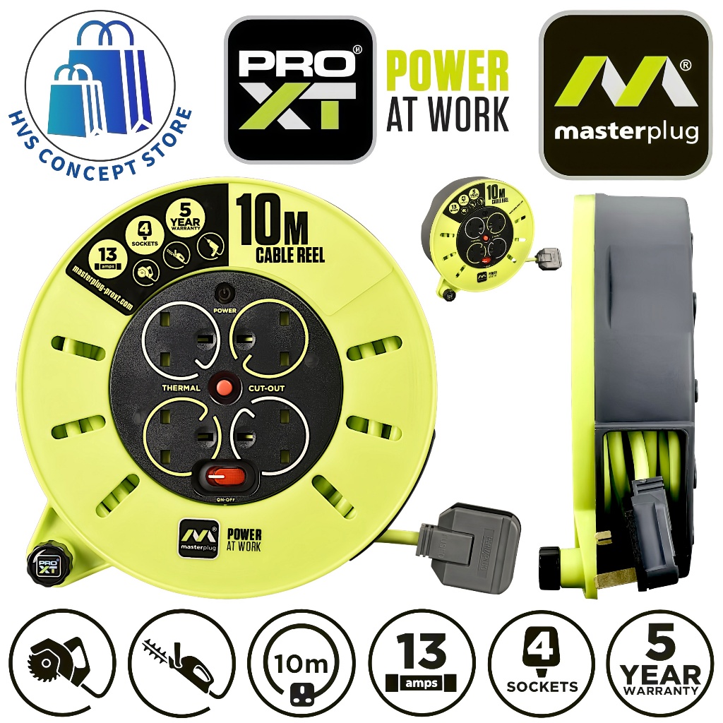 Masterplug CMU10134SL Pro-XT 10 Meter Cable Reel Extension Leads with 4 ...