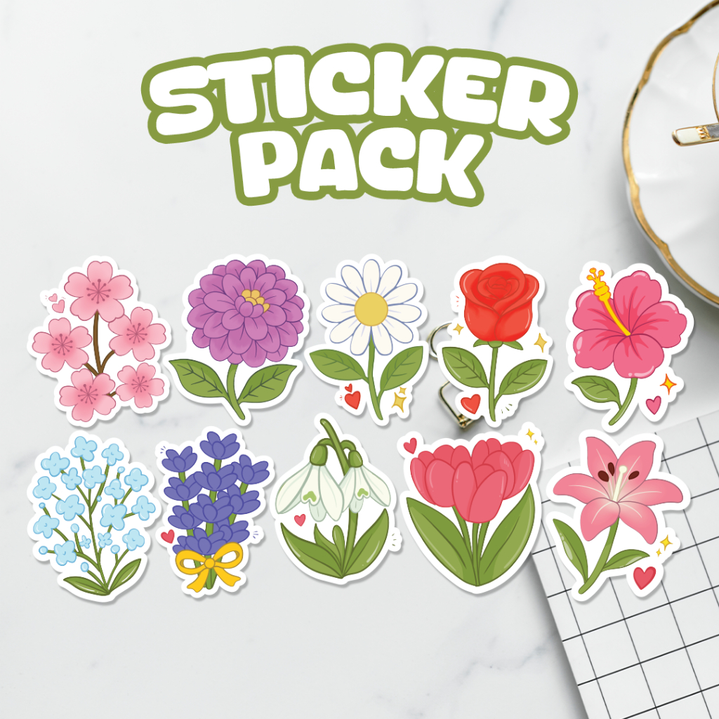 Flower Series Sticker Pack- 10 Stickers Kreatif dengan Rekaan Kawaii ...