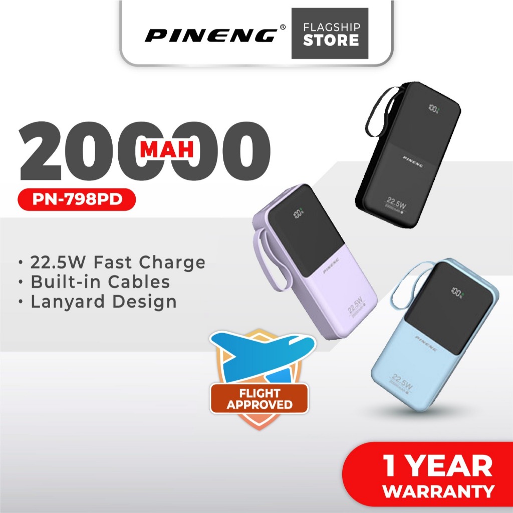 Pineng PN-798PD 20000mAh 22.5W Fast Charge Built-in Cables PN797/PN798/PN799 Portable Pineng Powerbank (10000/30000mAh)