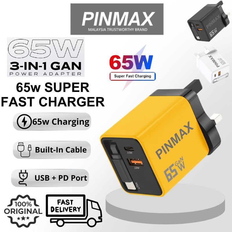 Pinmax 65w Fast Charger With Retractable Cable Super Fast Charging Adapter With Built In Type-C Cable
