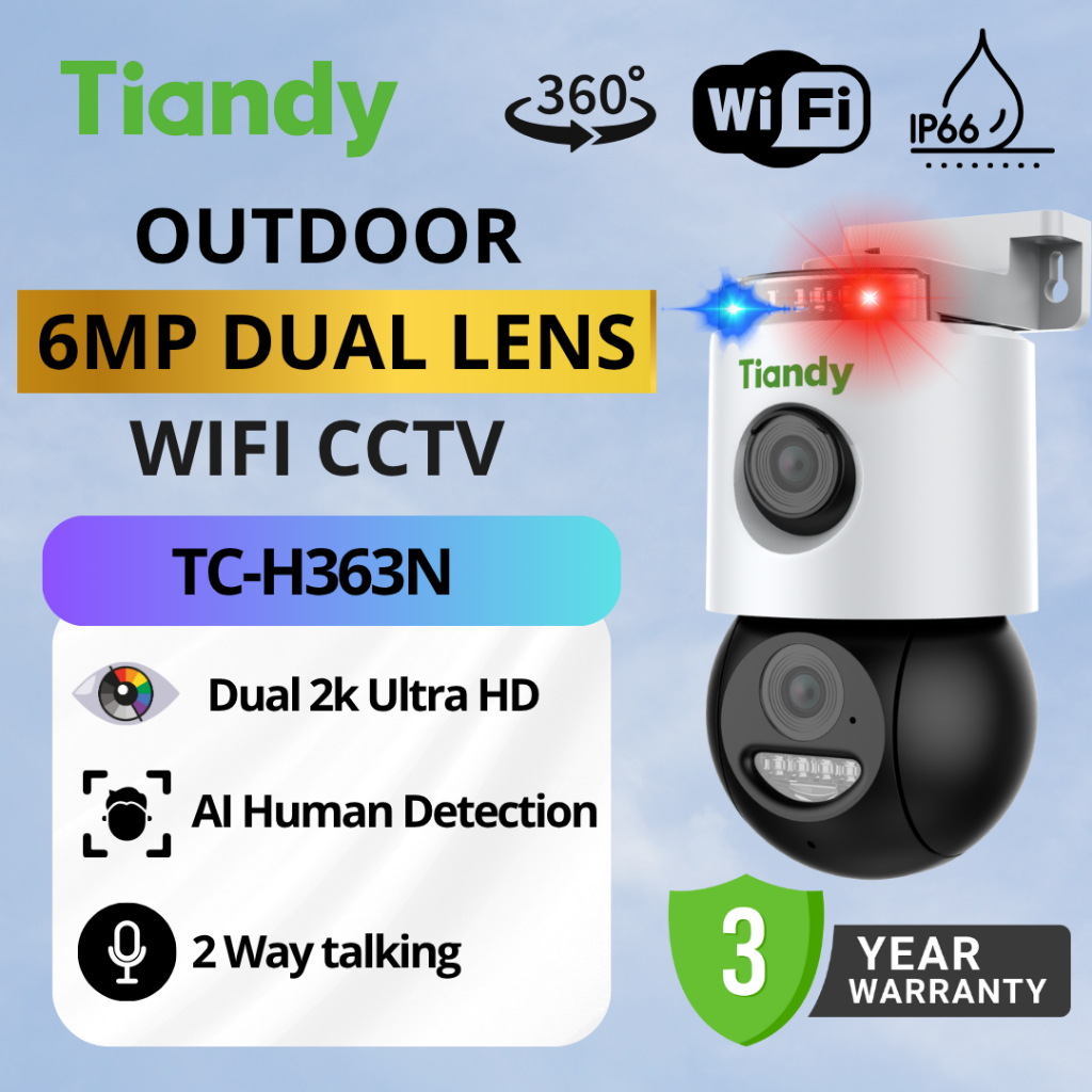 Tiandy H363N Dual-Lens 6MP Outdoor CCTV - 360°+3MP Zoom | Smart ...