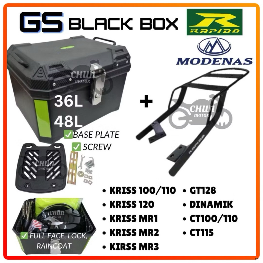 MODENAS GS BLACK BOX 36L/48L + MONORACK 1SET MOTORCYCLE Modenas Kriss ...