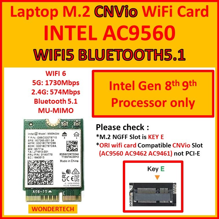 INTEL AC9560 WIFI5 BLUETOOTH5.1 Laptop M.2 CNVio WiFi Card 9560NGW ...
