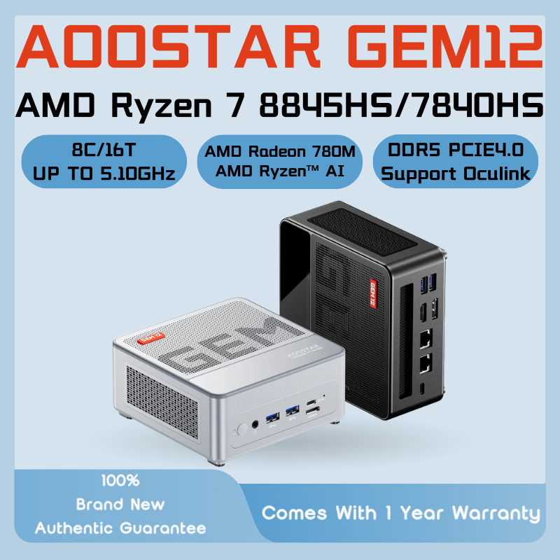 AOOSTAR GEM12+ PRO Mini PC, Ryzen 7 PRO 8845HS (fino a 5,1 GHz) Mini PC da gaming senza RAM Nessun SSD, Mini Desktop Computer OCULINK/2xUSB4/HD2.1/DP1. 4/2x2,5G RJ45/WiFi6/BT5.2