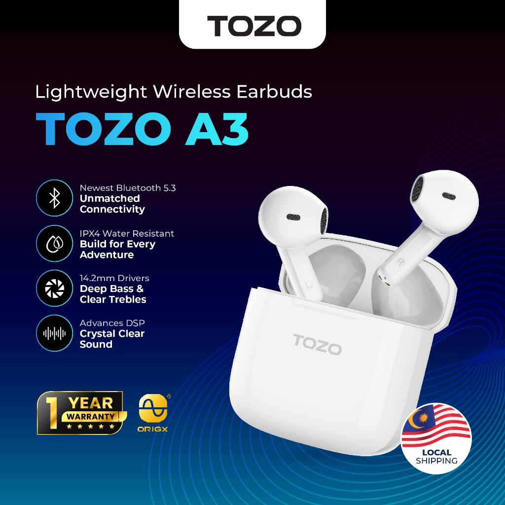 TOZO A3 Bluetooth 5.3 Half In-Ear Lightweight Wireless Earbuds | Shopee ...