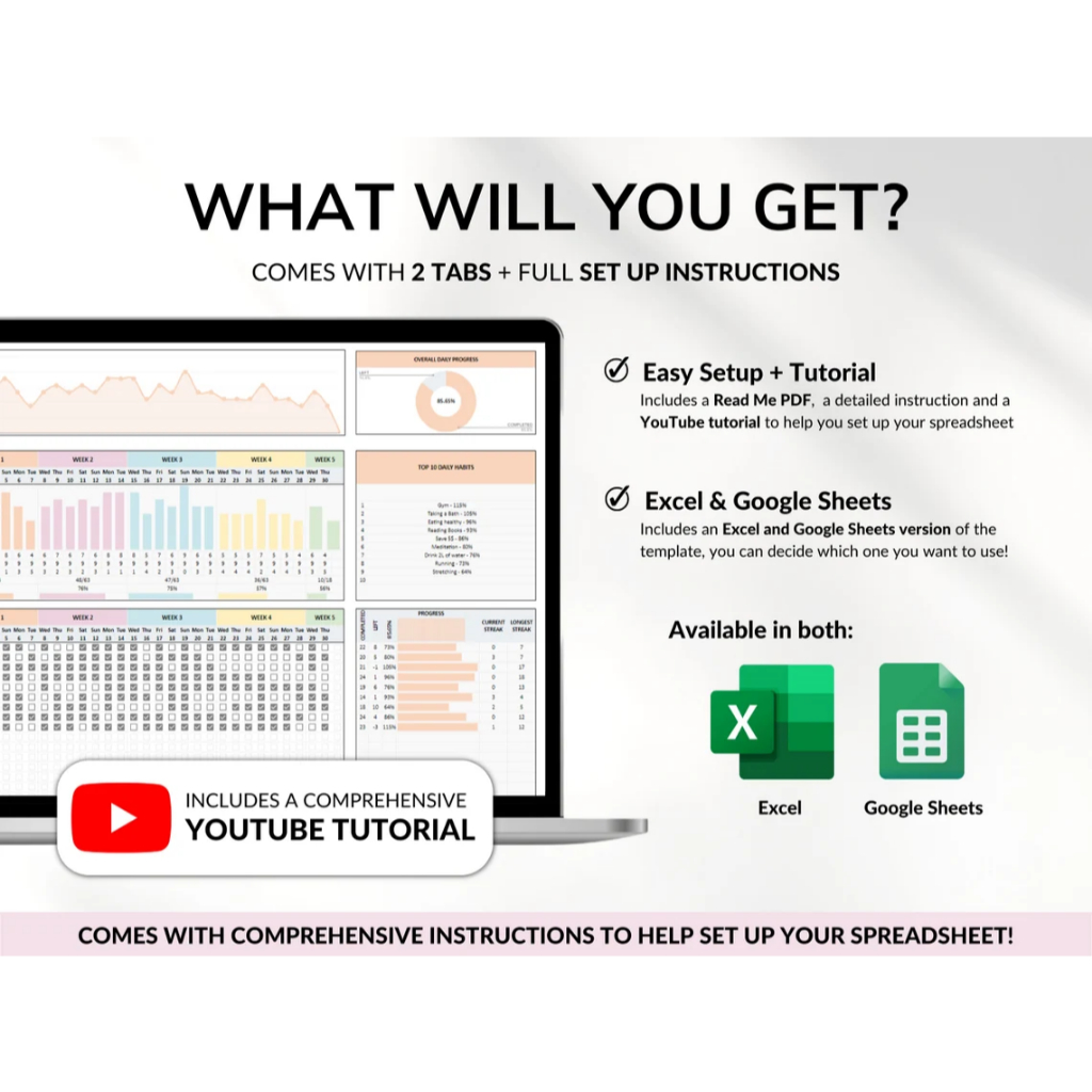 Habit Tracker Spreadsheet Google Sheets Excel Daily Habit Planner ...