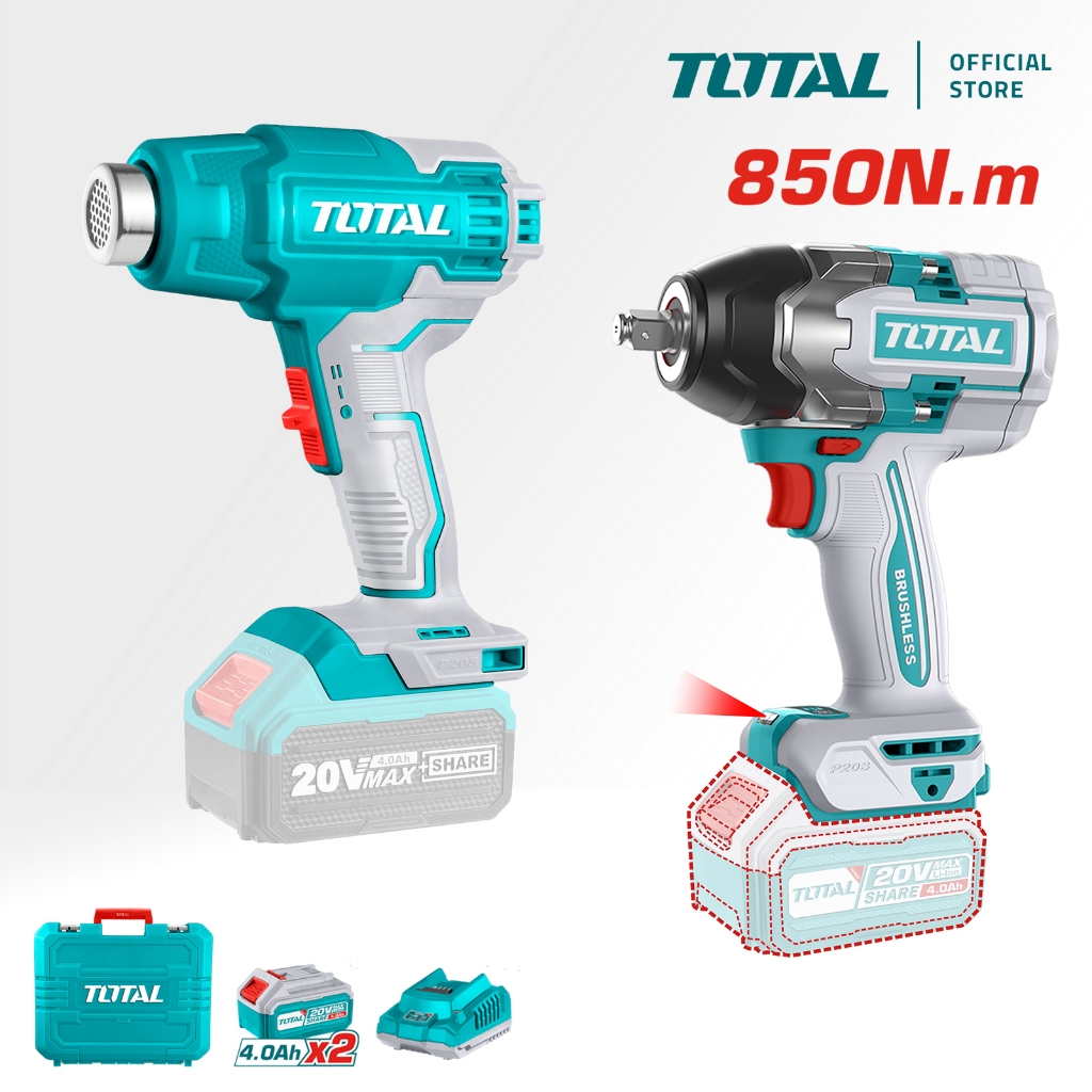 TOTAL Li-ion Combo Kit w/ Brushless Impact Wrench (850Nm) & Heat Gun ...