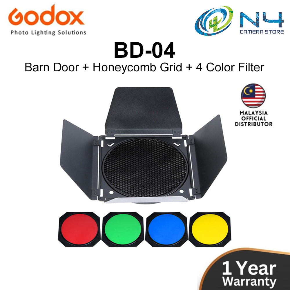 Godox BD-04 Barn Door Kit With Honeycomb Grid & 4 Color Gels For Studio Lighting