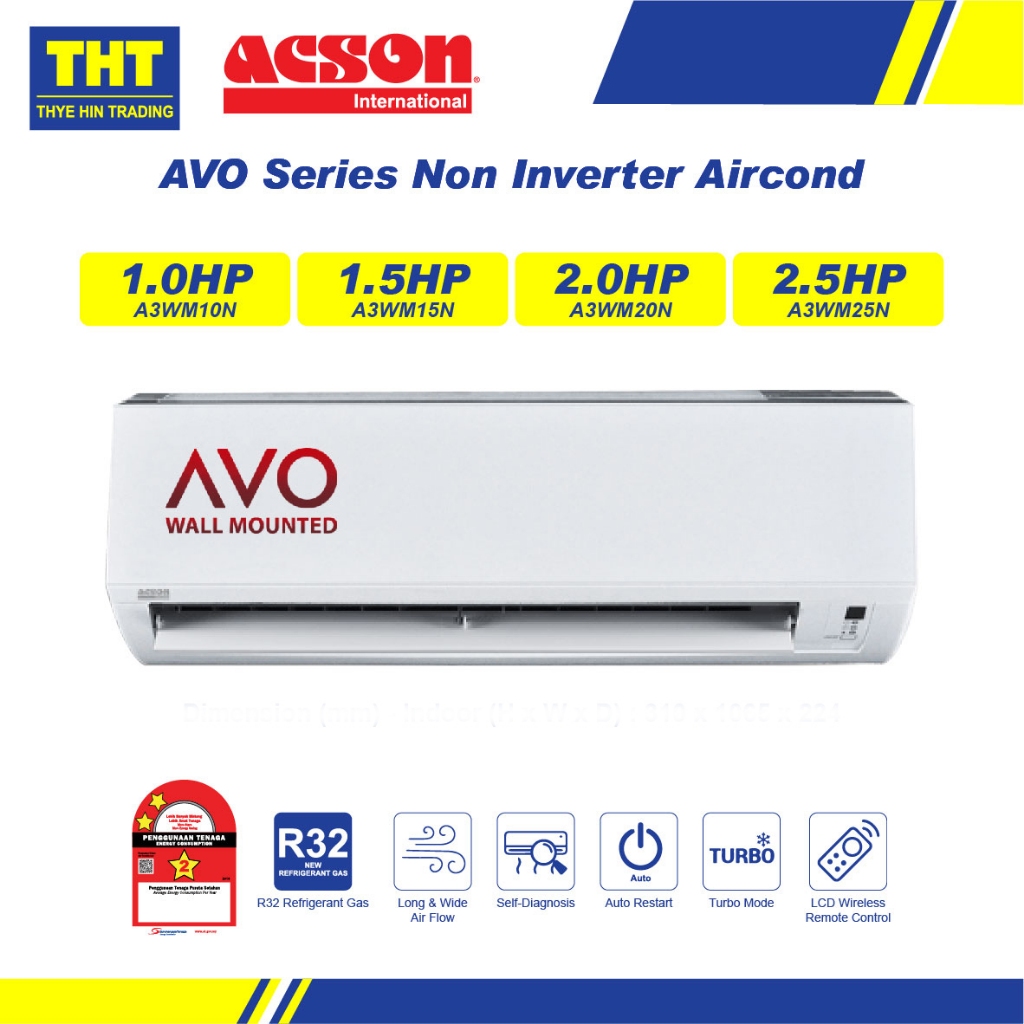 Acson R32 AVO Non-Inverter 1.0HP/ 1.5HP/ 2.0HP/ 2.5HP Air Conditioner ...