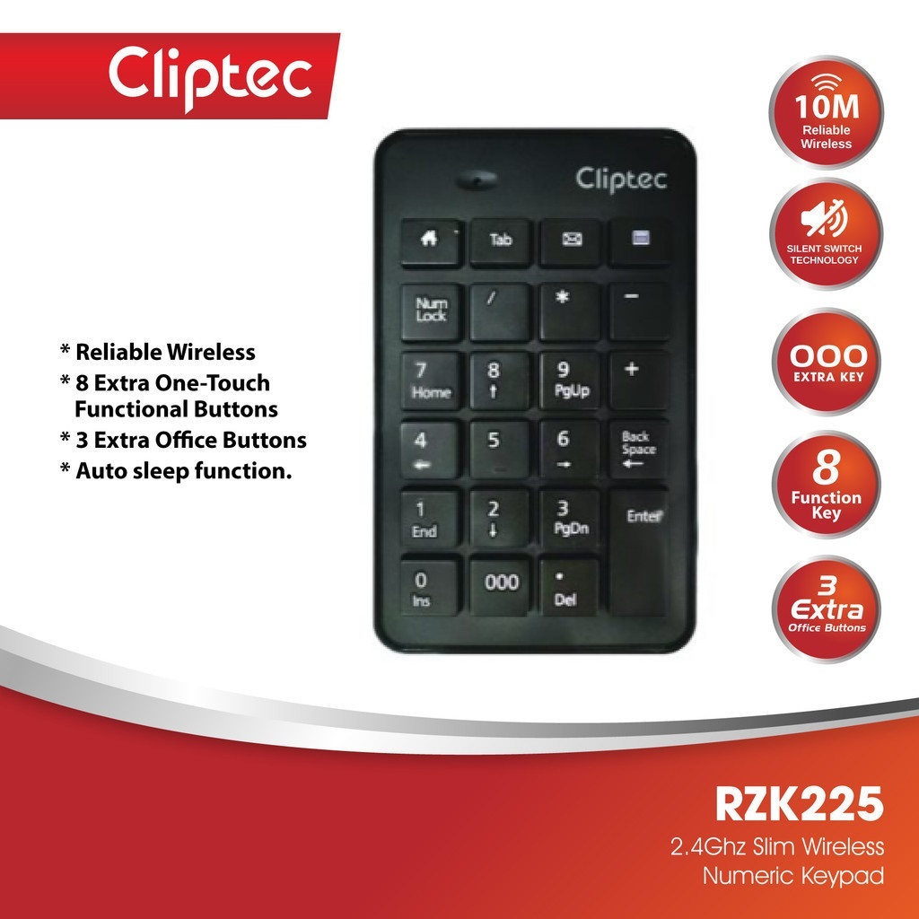CLIPTEC RZK225 2.4GHZ 23KEYS SLIM WIRELESS NUMERIC KEYPAD (AIR-NUM ...
