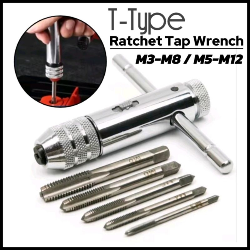 Silver T-Handle Ratchet Tap Holder Wrench, 6 Pcs Tap Wrench Tool Set