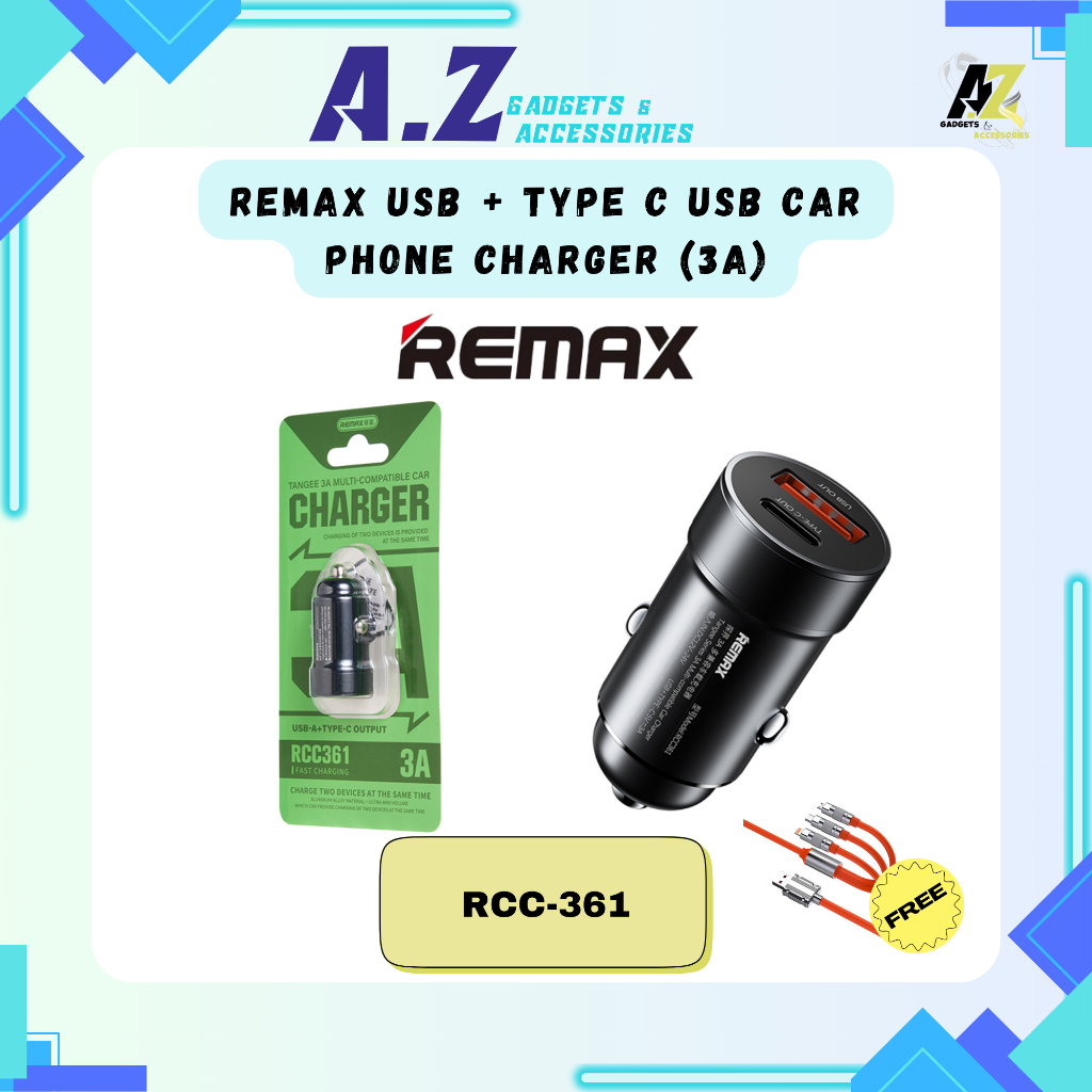 FREE 3IN1 FAST CHARGING CABLE REMAX USB + TYPE C USB CAR PHONE CHARGER ...