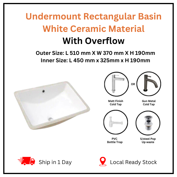 Bathroom 510MM Premium Gloss White Ceramic Rectangle Under Counter Wash ...