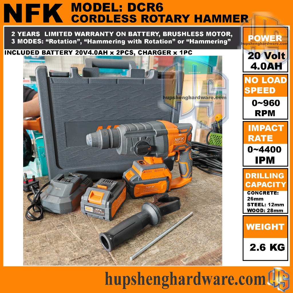 NFK DCR6 Cordless Concrete Rotary Hammer Drill 20 Volts Lithium Ion ...