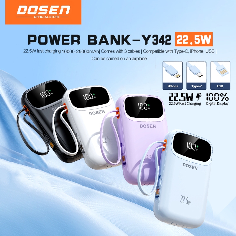 【3C Certified】DOSEN Original Powerbank fast charging 10000mAh PD22.5W Portable 20000mAh 25000mAh Comes with three wires