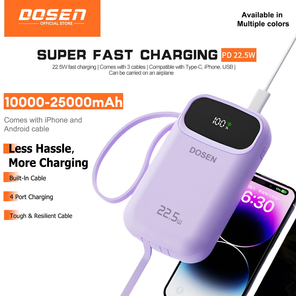 【3C Certified】DOSEN Original Powerbank fast charging PD22.5W Portable 10000mAh 20000mAh 25000mAh Comes with three wires