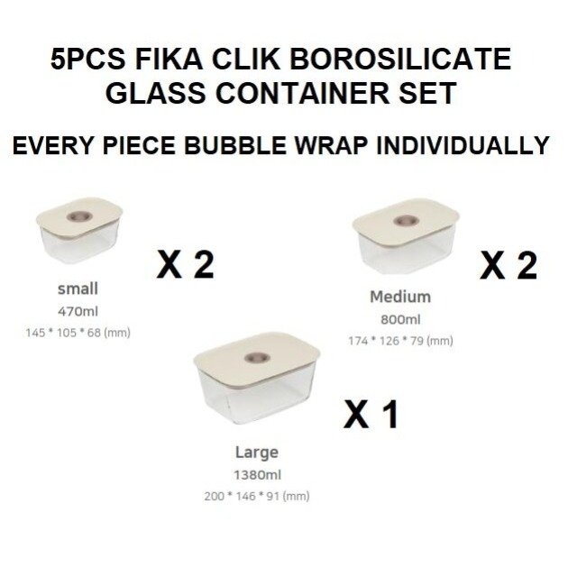 Fika Clik Borosilicate Glass Container Set (5 containers rectangle ...