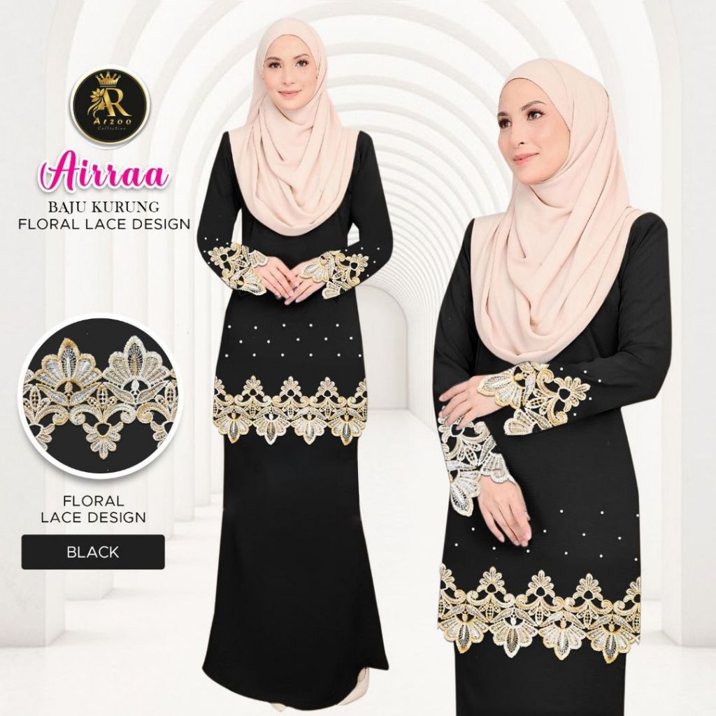 High Quality Baju Kurang Airraa With Flower Design Lace And Batu New Arrival Raya 2025