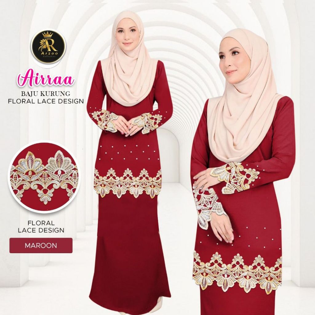 High Quality Baju Kurang Airraa With Flower Design Lace And Batu New Arrival Raya 2025