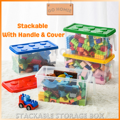 Lego Stackable Toys Organizer Storage Box With Handle Cover Large Shelf ...