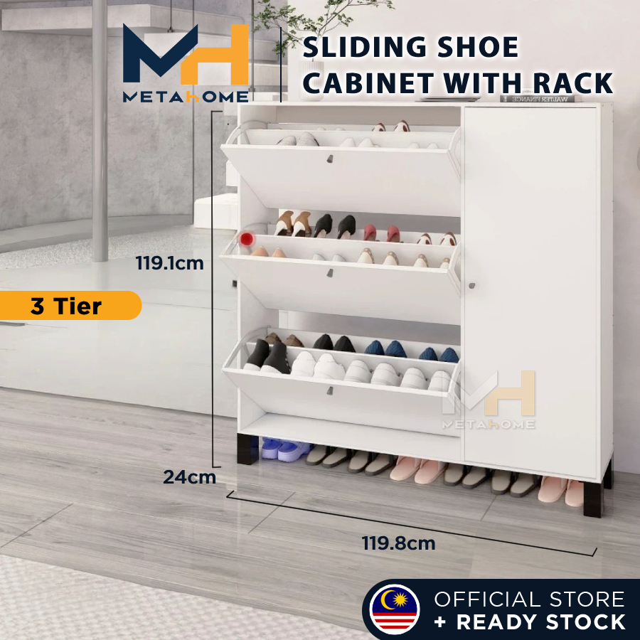 METAHOME 3 Tier Sliding Shoe Cabinet with Rak XL Large Capacity Almari ...
