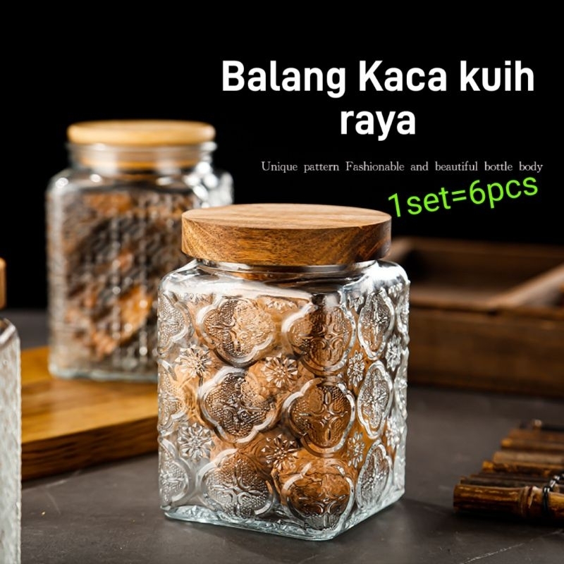[Hai] [6pcs/set] 750ml Balang kaca kuih raya/biskut kaca penutup kayu