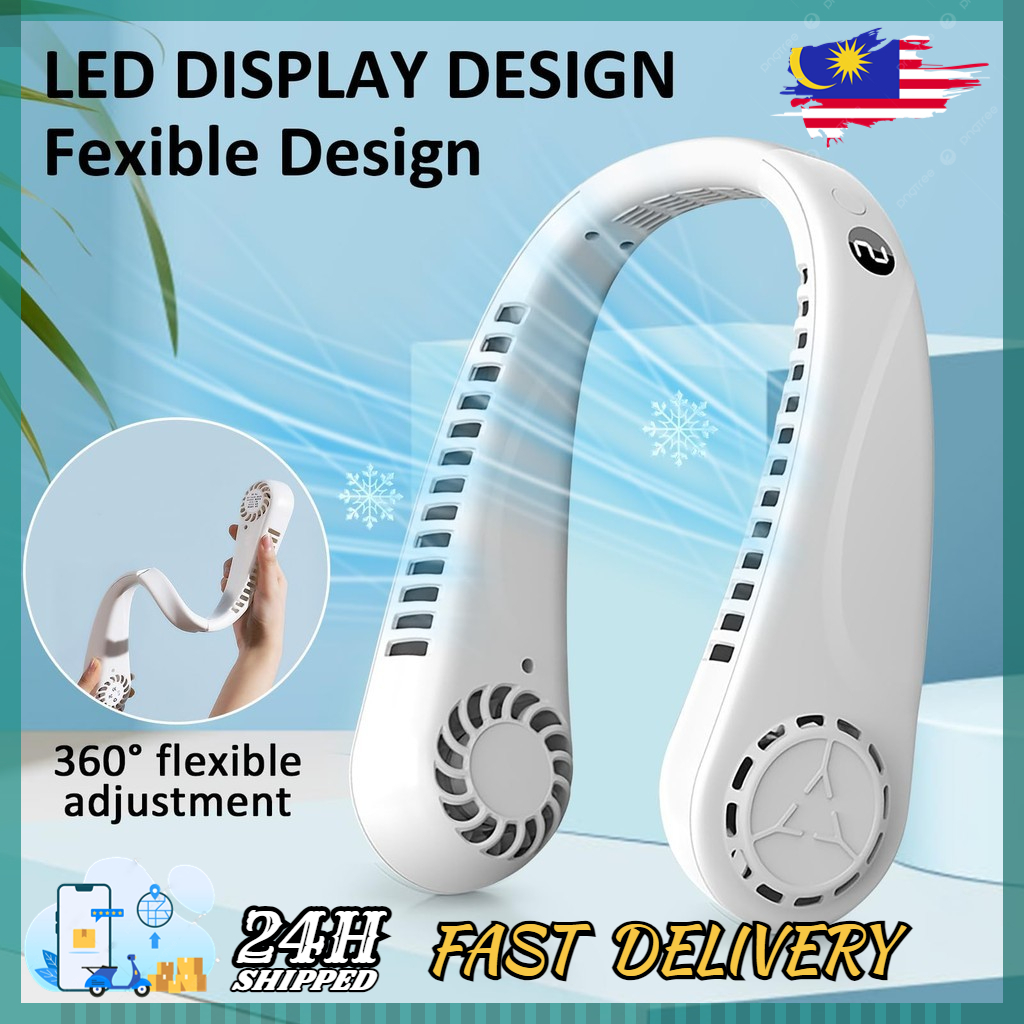 READY STOCK New suspended neck fan with digital display bladeless neck ...