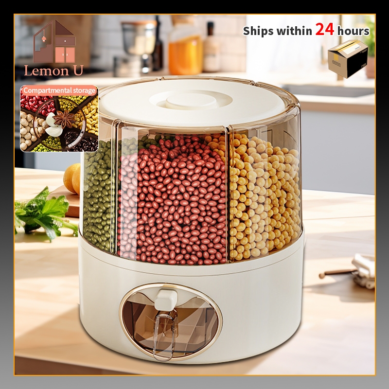 Rotatable Grain Storage Container 6 Grid Cereal Dispenser Simpan Beras ...