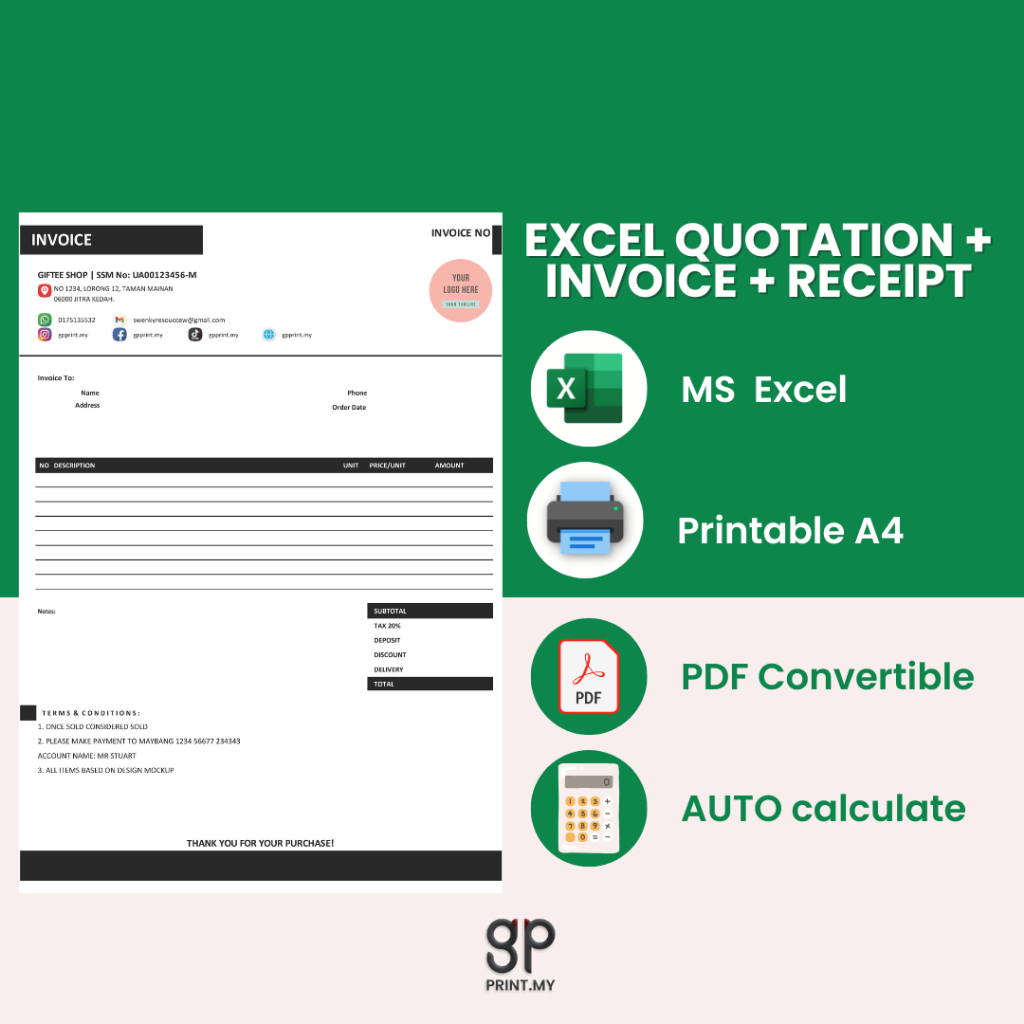 Auto Calculation Invoice Template Exce| 3 in 1 Quotation, Invoice ...